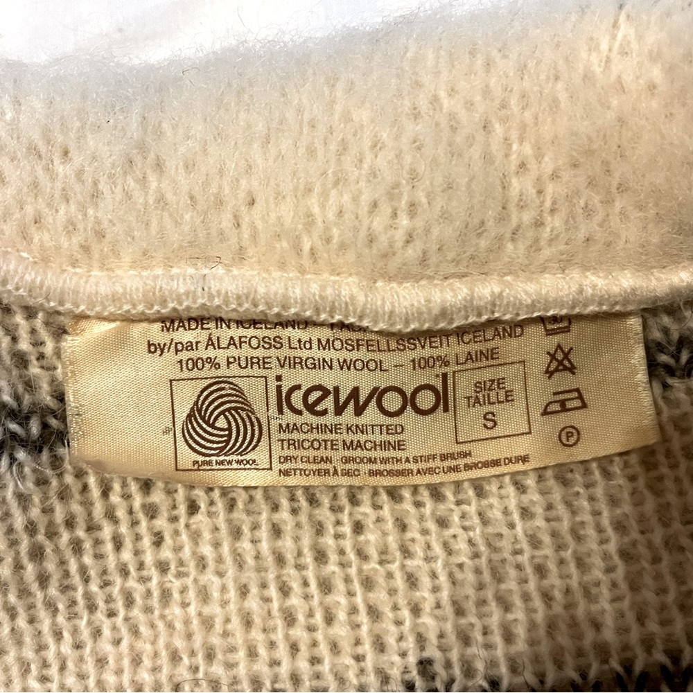 ALAFOSS ICEWOOL Ivory & Brown Virgin Wool Full-Zip Belted Sweater Coat-  Sz S - Picture 13 of 14